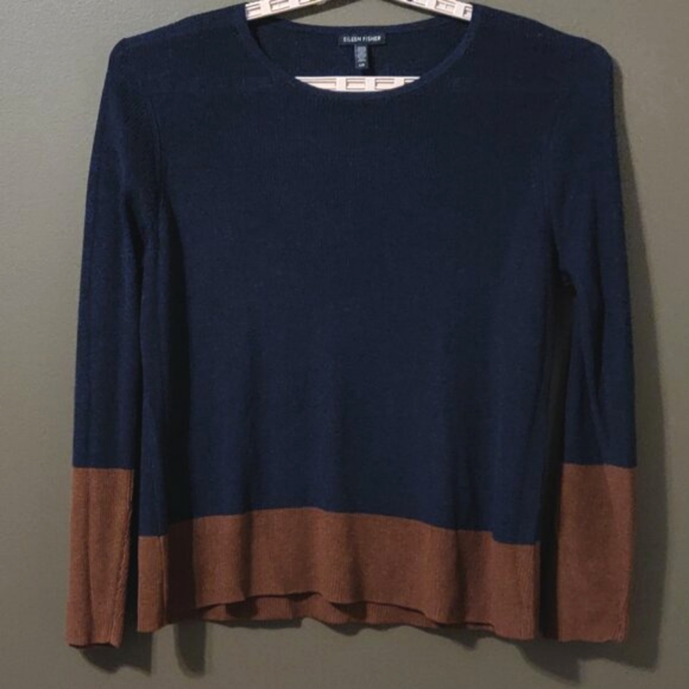 Eileen Fisher Navy/Brown Color Block Tencel/Silk Blend Sweater SIZE LARGE